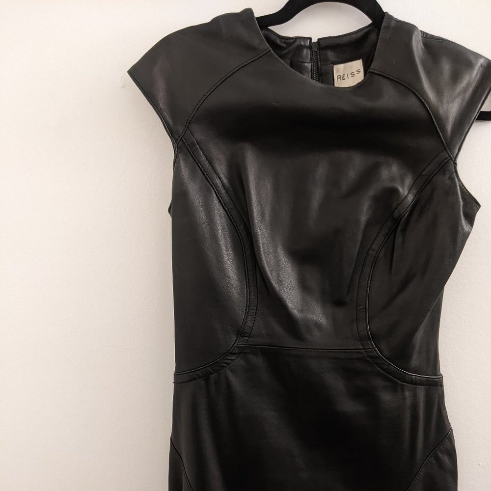 Reiss Scanno Fit & Flare Leather Mini Dress, Black, Size UK 8